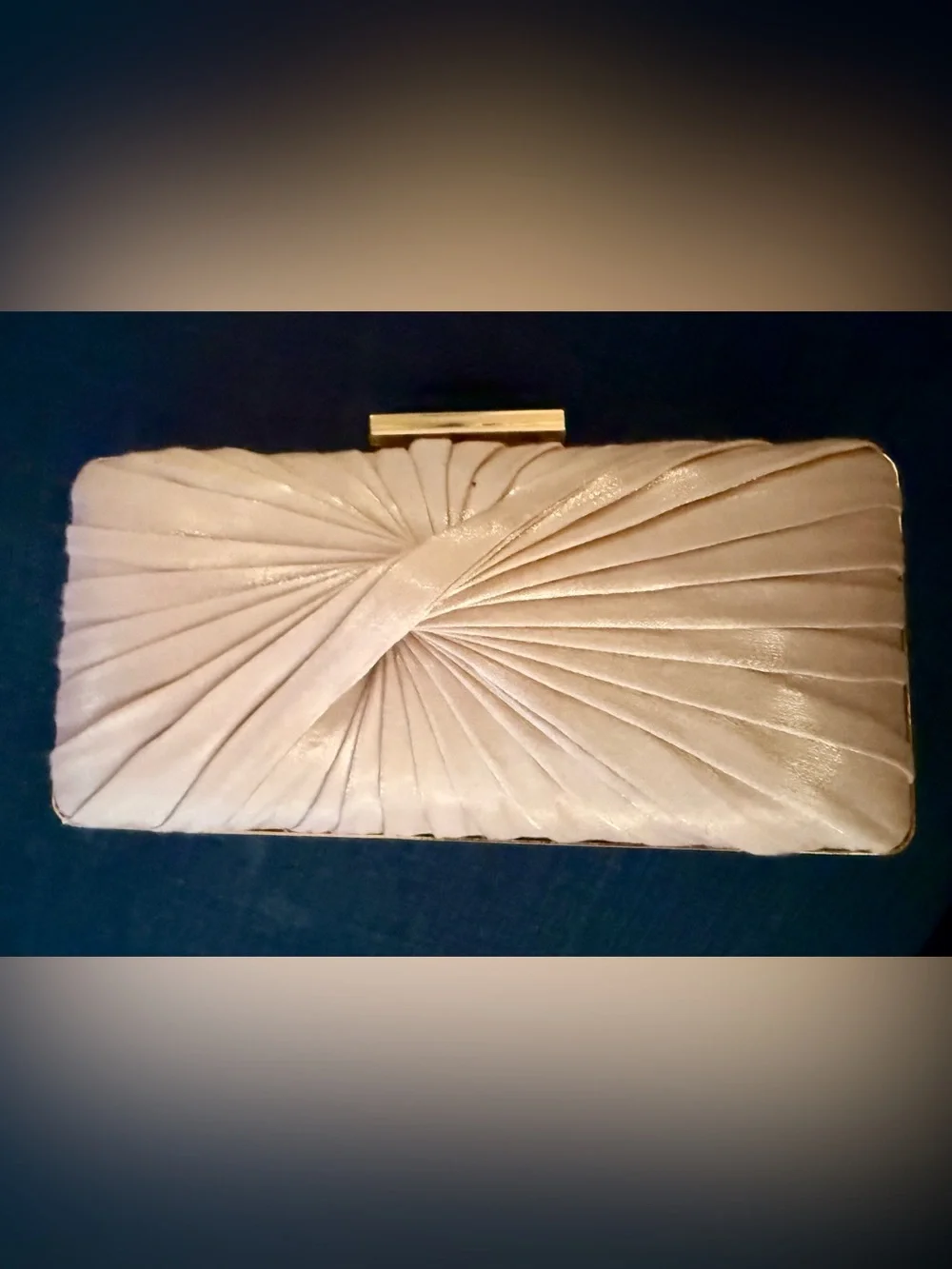 Sondra Roberts Champagne Pleated Clutch with Blue Jewel Clutch and Gold Chain